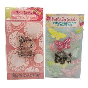 Set of 2 Embossing Folder & Cling Stamp Sets Teacups & Birthday Butterflies UK